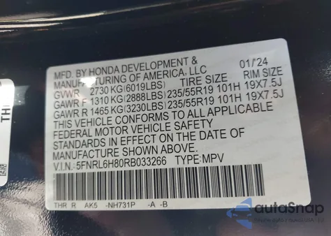 2024 Honda Odyssey Touring from USA, damaged, VIN 5FNRL6H80RB033266